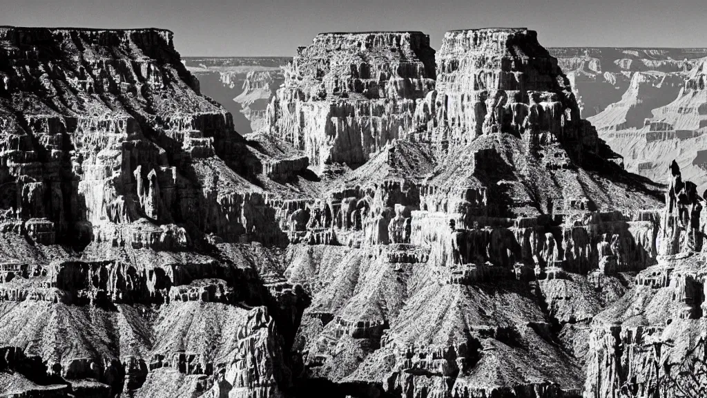 Image similar to an atmospheric film still by Ridley Scott featuring a dark gothic cathedral carved out of rock at the top of the grand canyon