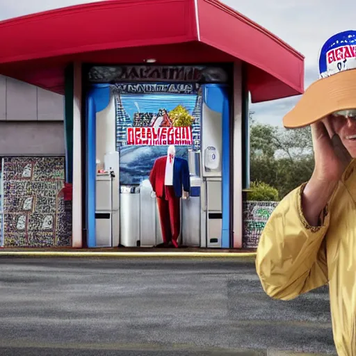 Prompt: cinematic shot of Donald Trump wearing a bucket hat and a rain jacket and shorts holding a can of Arizona Tea and standing outside of a gas station, 8k, very intricate, very detailed,