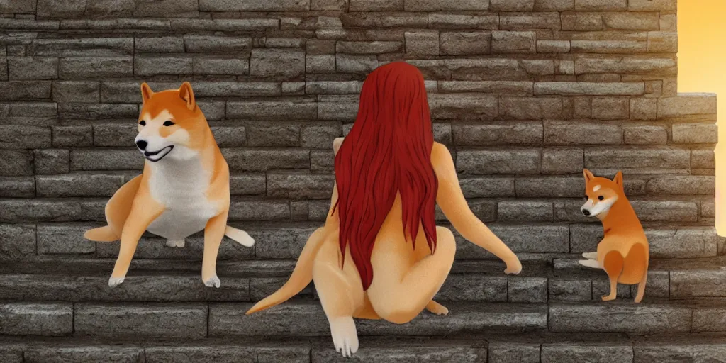 Prompt: a girl with red hair, sitting on stairs with a shiba inu, watching the sun set. anime, intricate details, 4k —steps 100