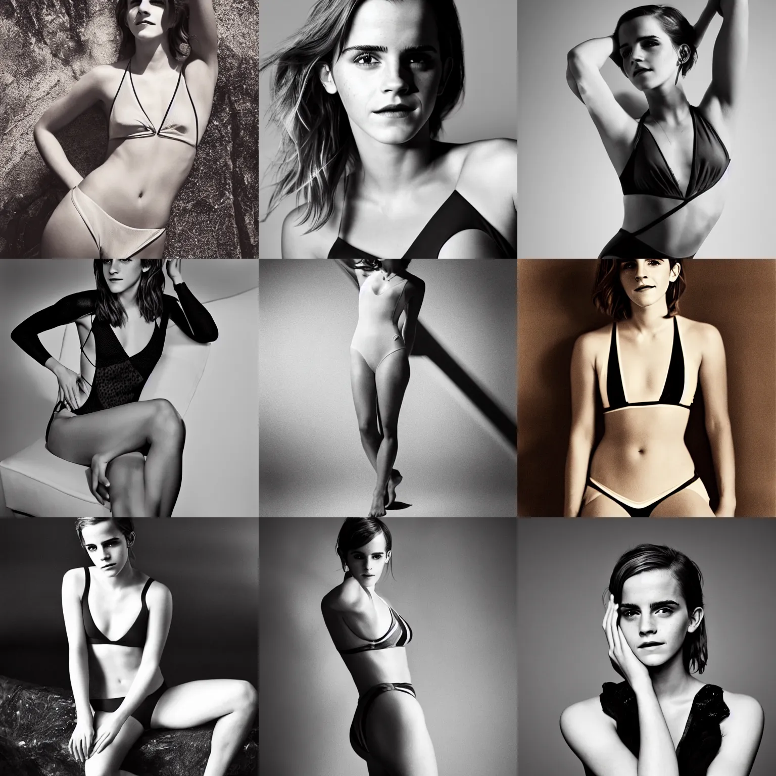 Prompt: Photo of Emma Watson in swimsuit, soft studio lighting, photo taken by George Hurrell for Abercrombie and Fitch, award-winning photograph, 24mm f/1.4