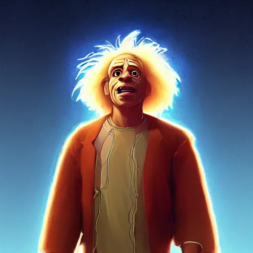 Image similar to portrait of doc brown!!!!! riding!!!!!!!! on ( ( ( ( lion king ) ) ) ), disney animation, sharp, illustration, sharp, fanart, anime key art by greg rutkowski, bloom, dramatic lighting sharp focus, cinematic, artbook, smooth, centered