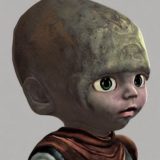 Prompt: Toddler concept art. Dark souls. Large head. Cute face.