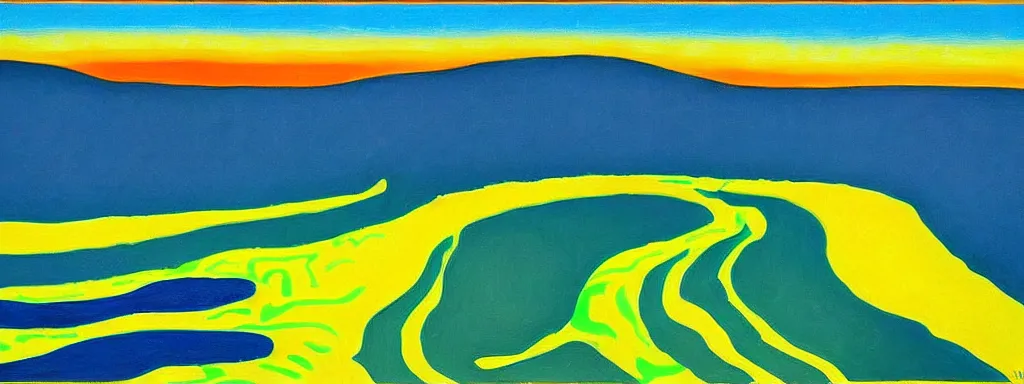 Image similar to Psychedelic sci-fi dreamworld. Landscape painting. Organic. Winding rushing water. Waves. Clouds. Landscape by Alex Katz. Wayne Thiebaud. Matisse.