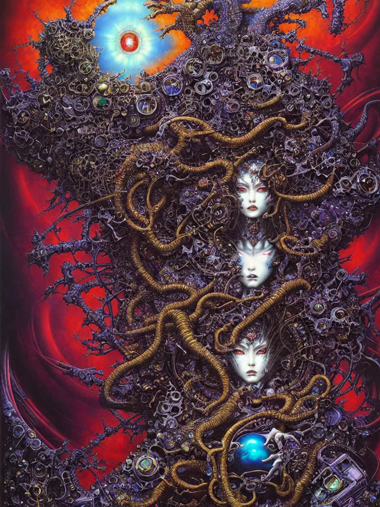 Image similar to realistic detailed image of Technological Diamond Nightmare Abomination Monster God by Ayami Kojima, Amano, Karol Bak, Lisa Frank, and Mark Brooks, Neo-Gothic, gothic, rich deep colors. Beksinski painting, part by Adrian Ghenie and Gerhard Richter. art by Takato Yamamoto. masterpiece