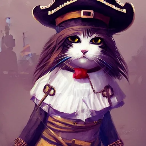 Image similar to Portrait of a Kawaii Cat dressed as a Pirate, digital painting, highly detailed, artstation, concept art, smooth, sharp focus, illustration, art by artgerm and greg rutkowski.