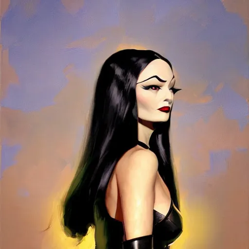 Image similar to greg manchess portrait painting of armored morticia from addams family as overwatch character, medium shot, asymmetrical, profile picture, organic painting, sunny day, matte painting, bold shapes, hard edges, street art, trending on artstation, by huang guangjian and gil elvgren and greg rutkowski