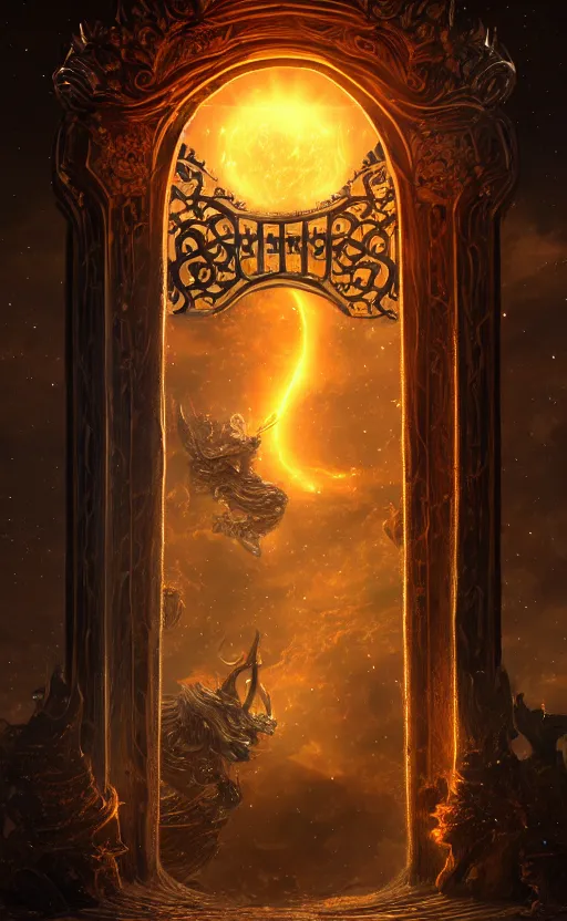 Image similar to a ornamental gate into stars a demon emerges from it, ornament, intarsia, portal, doorway, no background, dynamic lighting, ambient lighting, atmospherical, photorealistic fantasy concept art, trending on art station, stunning visuals, creative, cinematic, ultra detailed