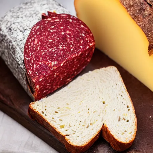 Image similar to professional food photography of a piece of russian black rye bread with slices of salami and a slice of cheese, very tasty, aesthetic