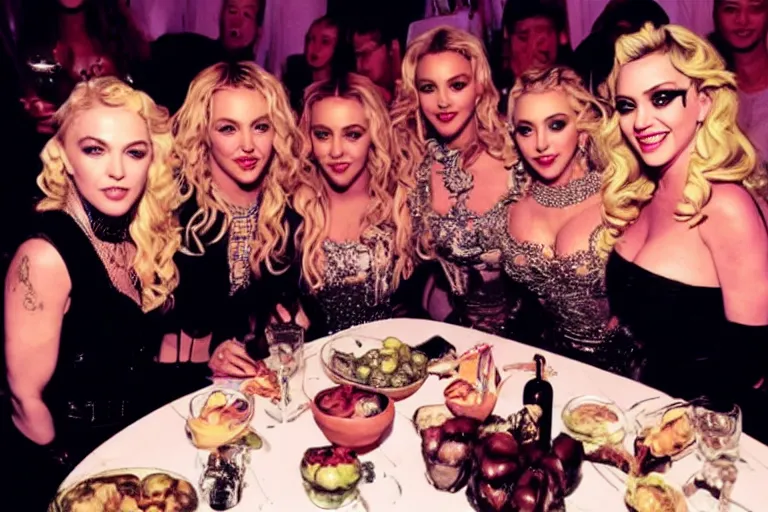 Image similar to Madonna, Britney Spears, Katy Perry, Gaga and Taylor Swift at the last supper