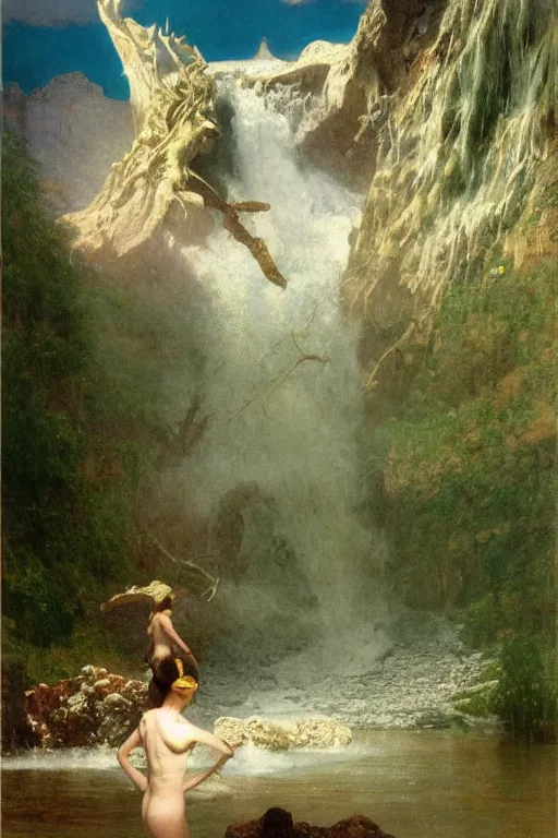 Image similar to a huge mythical wurm emerges from lake in canadian rockies, water splashes cascades, beautiful day, by albert bierstadt, ruan jia, lawrence alma tadema, zdzislaw beksinski, carl spitzweg, everett raymond kinstler, norman rockwell, jack kirby, tom lovell, greg staples