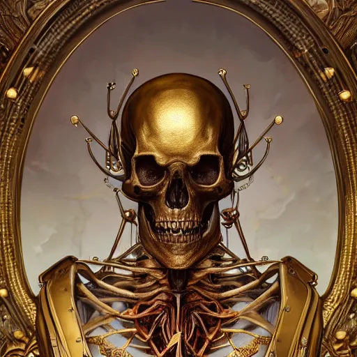 Prompt: human skeleton made of gold and silver covered with blood, ultra realistic, concept art, intricate details, highly detailed, photorealistic, octane render, 8 k, unreal engine. art by artgerm and greg rutkowski and alphonse mucha