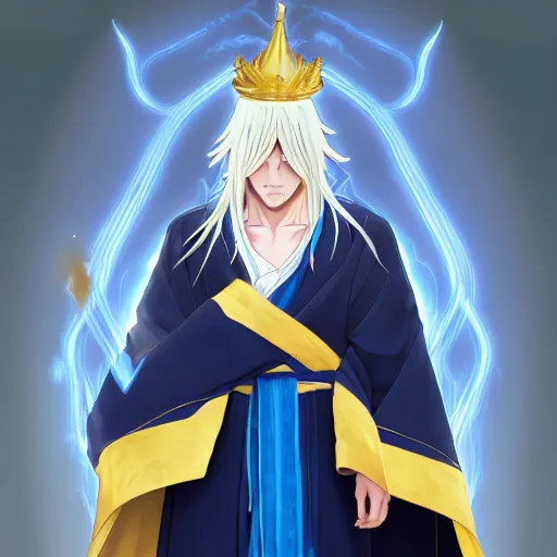 Image similar to card art portrait of a young man with long white hair wearing blue and golden robes, long white hair, blue and golden robes, detailed robes, intrincated design, makoto shinkai, anime character, very detailed, matte, tonemapping, bbwchan, perfection, 4 k, william - adolphe bouguereau