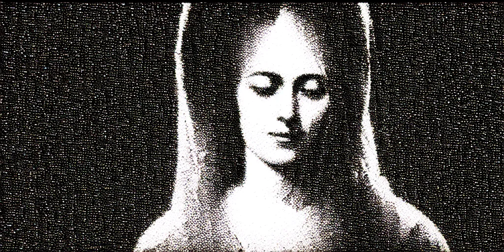 Image similar to vhs static overlay of marian apparition, vhs, 1 9 9 0, highly realistic, highly detailed, vhs noise static, black and white, vhs glitch