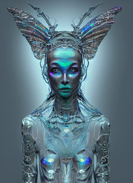 Prompt: a hybrid humanoid androgyne muse with recursive horned wings attached to side of head, concept art, alien-like, sculpted iridescent optical mineralogy features, intricate detail, holographic, pixel sorting, style by James Jean, circuitry, organic detail, asymmetry, cinematic, epic wide shot, ultra detailed, artstation, sharp focus,smooth, cinematic lighting, cinematic detail, composition, photorealistic, render in unreal engine 5, golden ratio, 8k render