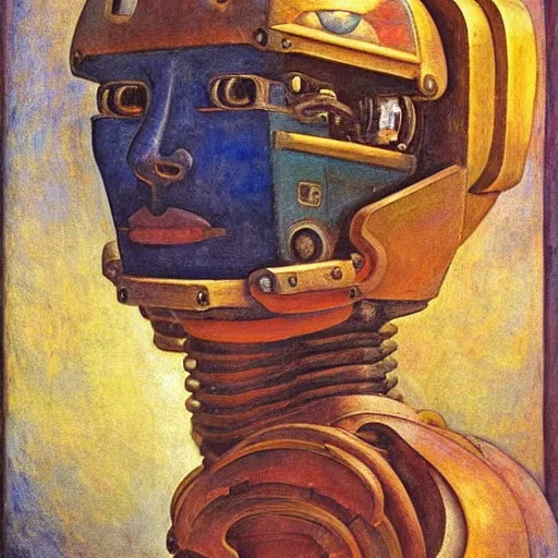 Prompt: masterpiece painting of a mechanical robot cat head, by annie swynnerton and diego rivera and nicholas roerich and jean delville, symbolist, dramatic lighting, god rays, elaborate geometric ornament, art brut, rich colors, smooth, sharp focus, extremely detailed, adolf wolfli and ( donato giancola )