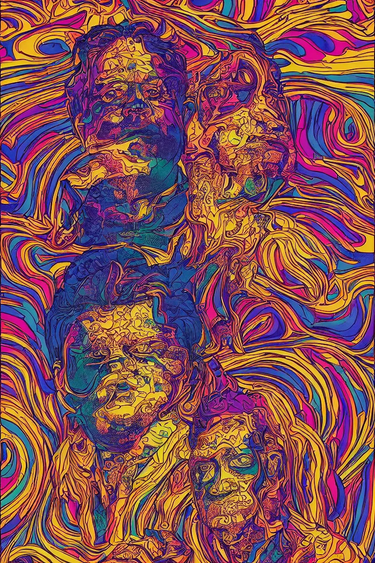 Image similar to beautiful colorful hyperrealist highly detailed psychedelic music poster'the floating head of patton oswalt ', psychedelic art nouveau, beautiful high contrast colored wood engraving, moebius comic style, shocking detail trending on artstation 8 k