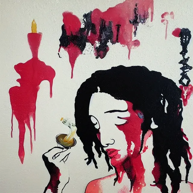 Prompt: “ a portrait in a female art student ’ s apartment, great wave off kanagawa, sensual, art supplies, a candle dripping white wax, berry juice drips, acrylic and spray paint and oilstick on canvas, surrealism, neoexpressionism ”