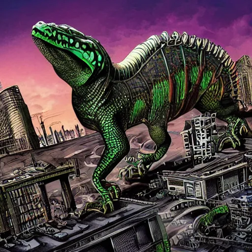 Image similar to huge mechanical reptilian destroying a city