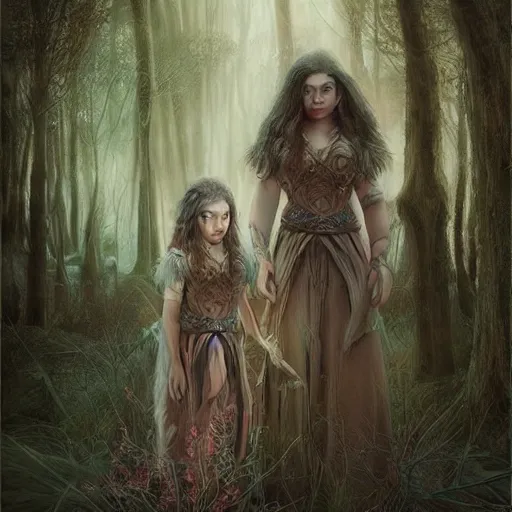 Prompt: portrait of sensual girl warrior and her daughter in a magical forest by leesha hannigan, fantasy, artwork, digital art, epic, highly detailed faces