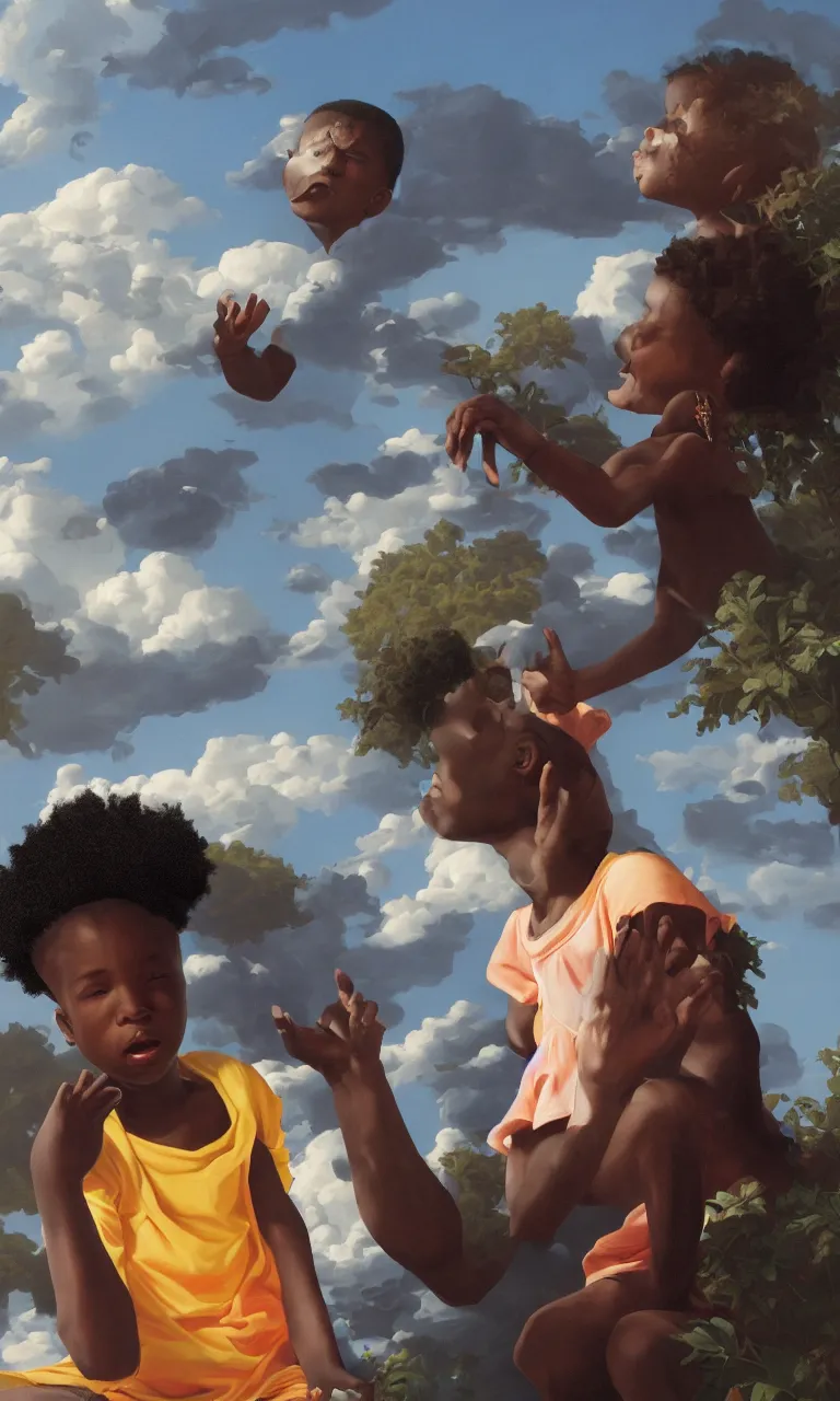 Image similar to a black kid on a florest talking to a bright ghost, pale light, scenic view, hyper realistic, octane render, ultra detailed, a realistic colorful painting by Kehinde Wiley , trending on artstation.