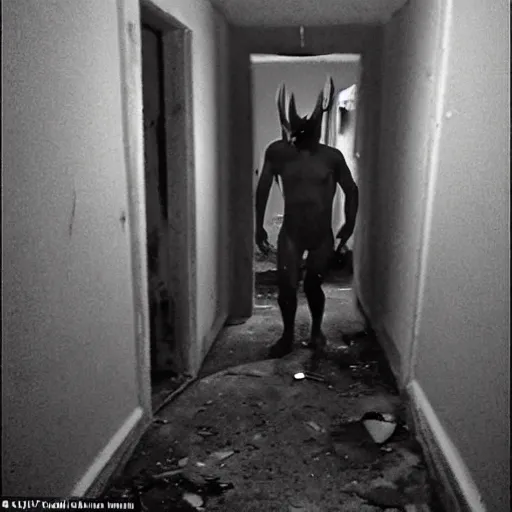 Prompt: hi - 8 night vision camera found - footage of a barely visible, human bipedal minotaur, shrouded in darkness at the end of an extremely dark, unlit hallway in a basement of an abandoned house