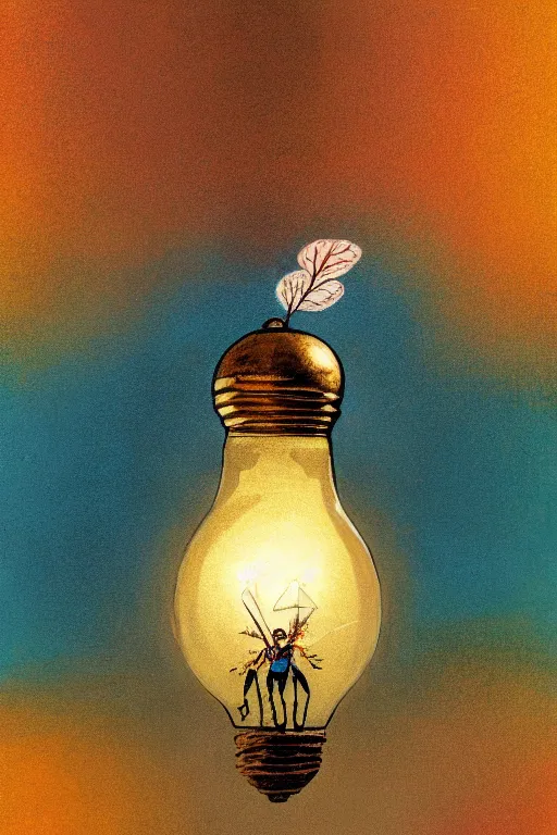 Image similar to painting of a fairy inside an upside down light bulb, kintsugi, modern fine art, fractal, intricate, elegant, highly detailed, digital photography, subsurface scattering, by wes anderson and basquiat and greg rutkowski,