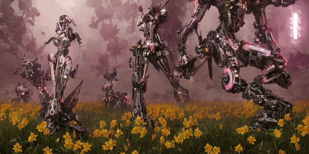 Image similar to a female saints as daffodils made of mecha is flying in the fantasy forest by merriam, daniel, intricate mechanical details, futuristic, 2 k aesthetic, dramatic lighting, concept art, 4 k, 3 d octane render, pink and red colors, provenance, detailed, trending on artstation