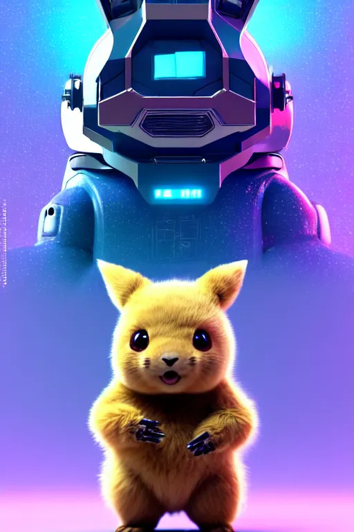 Image similar to high quality 3 d render sci - fi very cute mecha with head of fluffy! wombat!! dancing, highly detailed, unreal engine cinematic smooth, in the style of detective pikachu & blade runner, hannah yata charlie immer, dark blue neon light, low angle, uhd 8 k, sharp focus