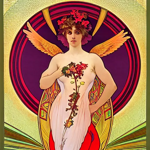 Image similar to a beautiful orchid phoenix angel woman, in an ornamented dress with large, volumetric light, god rays, 8 k high resolution, rubies, by alphonse mucha