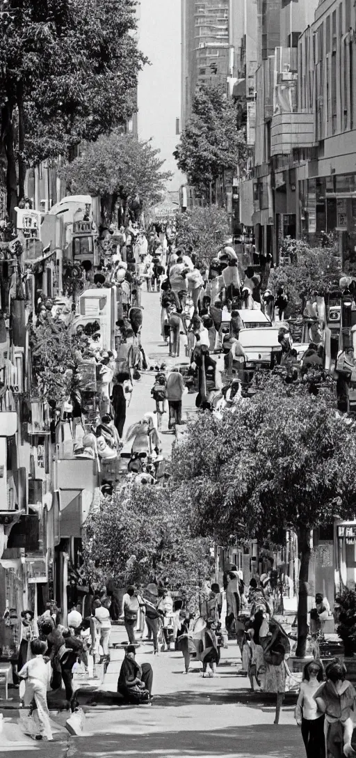 Prompt: a 1 9 8 0 s bustling city street with pedestrians and trees