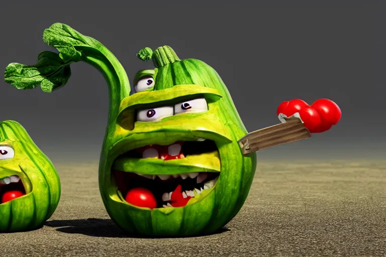 Image similar to detailed 3 d render of an angry furious zucchini with a bloody sword in his hand, running down the road chasing after a group of scared tomatoes, hyper realistic octane render, dramatic lighting, high speed chase, nightmare, surrealism, pixar, disney, cartoon