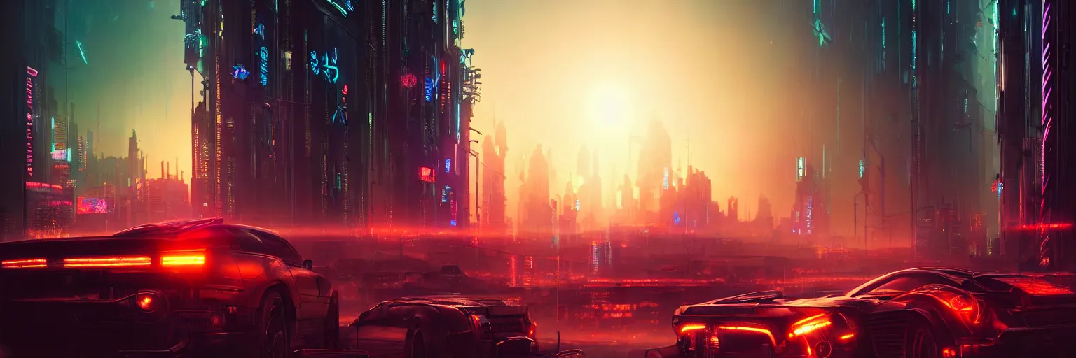 Prompt: cinematic photography of a cyberpunk desserted city during sunset, flare back lighting, cyber led neon, bokeh, rule of thirds, hyper photorealistic, crispy quality, digital photography, art by artgerm, art by greg rutkowski, art by pascal blanche,