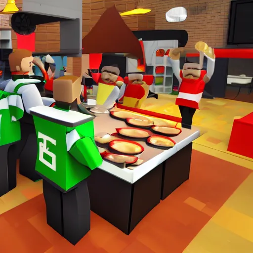 Image similar to a regular day at roblox's work at a pizza place