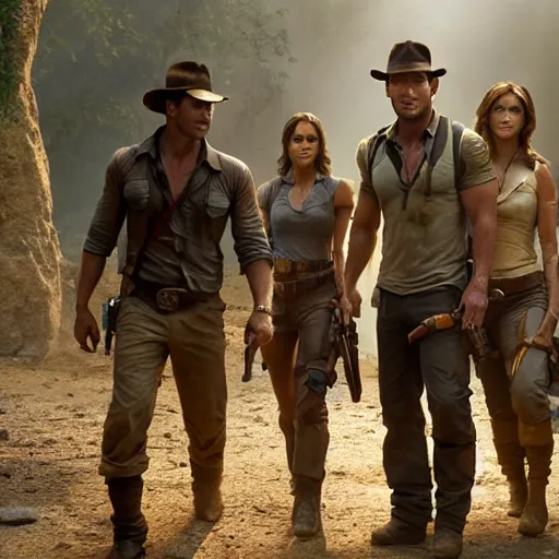 Prompt: still from the movie with Indiana Jones (played by chris pratt), Lara Croft (played by Alicia Vikander) and Nathan Drake (played by tom holland), award-winning cinematography, 4k