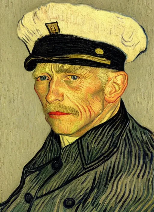 Image similar to portrait of a very old sailor with white hair and captain's hat, asleep, detailed realism face in painting, detailed beautiful portrait, expressionist oil painting masterpiece, 8 k resolution, smooth, sharp focus, pastel color palette, trending on artstation, by van gogh