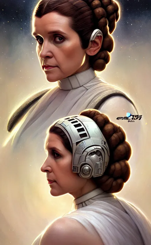 Image similar to portrait of princess leia, starwars, pistol, upper body, fantasy, intricate, elegant, highly detailed, digital painting, artstation, concept art, smooth, sharp focus, illustration, art by artgerm and greg rutkowski and alphonse mucha