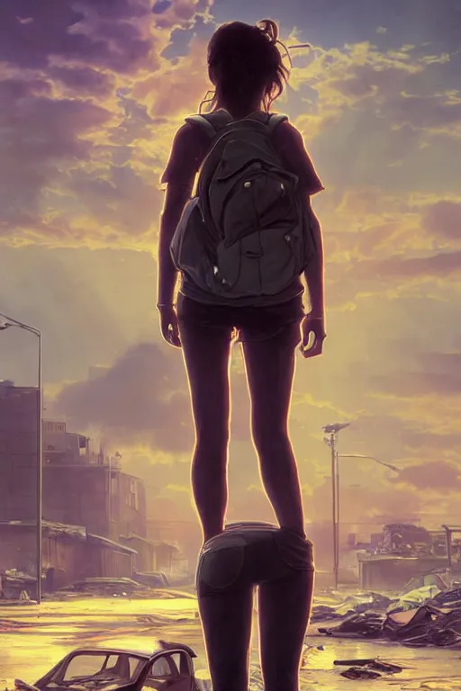 Image similar to poor detailed girl with backpack standing at cars looking for food at garbage dump, destroyed cars, city is pure wasteland, moody sunset in background, high details, sharp, photorealism, cinematic, greg rutkowski, alphonse mucha, trending on artstation, artgerm, unreal engine, breathtaking, award winning, highly detailed