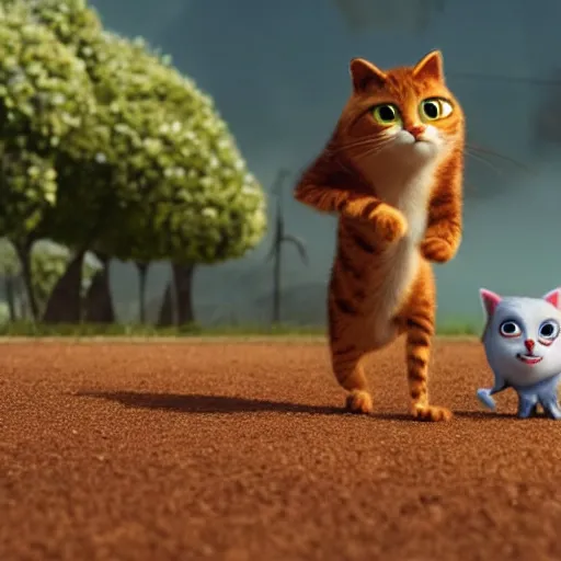 Image similar to a cinematic fill still from a 2015 Pixar movie where anthropomorphic cats battle with aliens, in the style of Pixar, shallow depth of focus