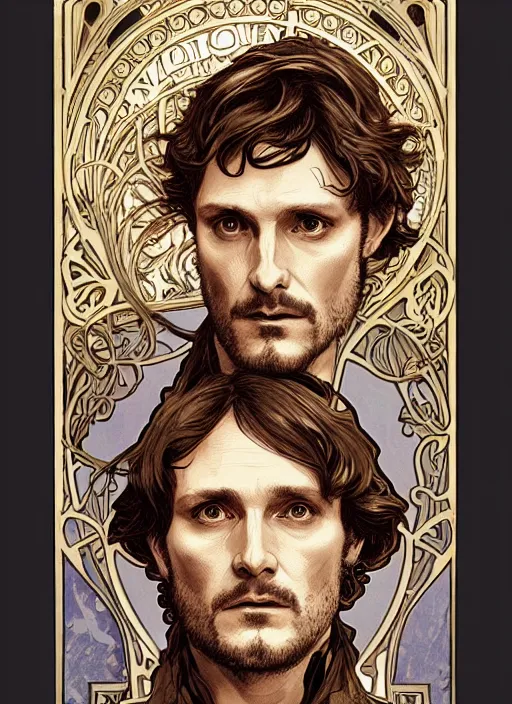 Prompt: Will Graham from NBCs Hannibal in portrait Alphonse Mucha art nouveau style, brutal, epic, intricate, elegant, highly detailed, digital painting, 4k, HDR, concept art, smooth, sharp focus, illustration, art by alphonse mucha,artgerm, H R Giger