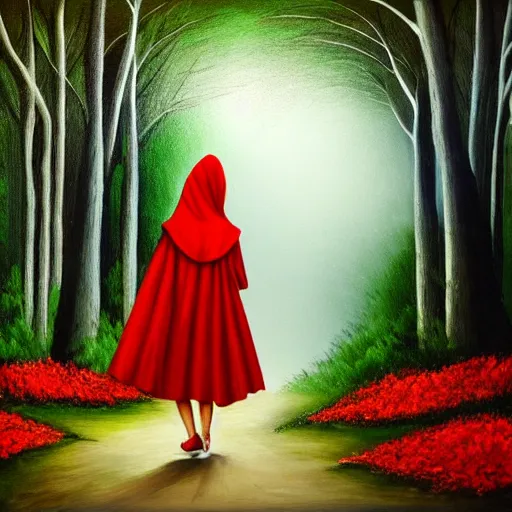 Image similar to little red riding hood walking through a dark forest, surrounded by brugmansia trees with white flowers, painting