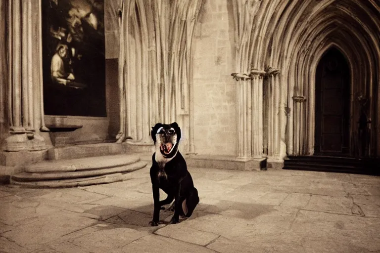 Prompt: a beautiful portrait of a smiling dog in a gothic church by jacques lartigue, stunning, wow, in a symbolic way, suspenseful analog photography