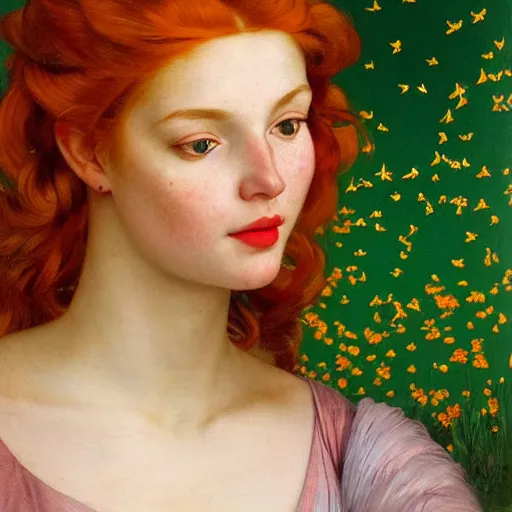 Image similar to a highly detailed portrait of a red haired young woman, among golden fireflies and nature, by night, green eyes, round gentle face, hint of freckles, cheeky smile with red lips, deep focus, smooth, sharp, golden ratio, elegant, digital painting by artemisia lomi gentileschi, caravaggio, artgerm, alphonse mucha