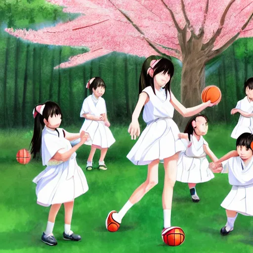 Image similar to hachishakusama wearing a white dress playing basketball against a group of kindergarteners wearing japanese school uniforms, complete detailed body, cherry blossom trees in background, moody atmosphere, digital art, highly detailed, high contrast, beautiful lighting, award winning, trending on art station, photorealistic, 8 k,