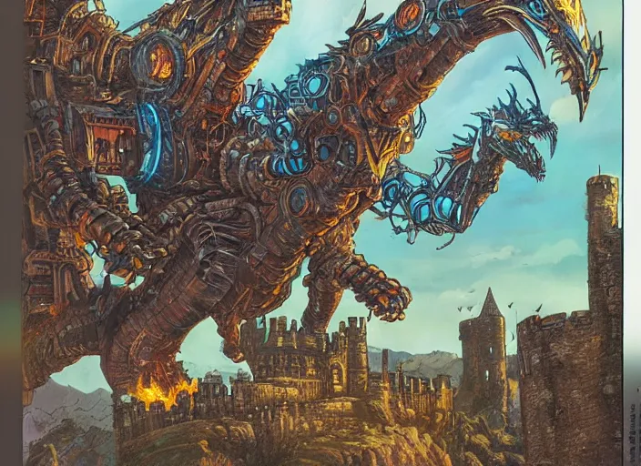 Prompt: intricate fantasy comic book drawing of a giant mechanical dragon over a castle by dariusz zawadski and simon stalenhag, simon bisley, jack kirby and gris grimly, cinematic, epic, awesome color palette
