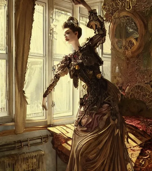 Image similar to woman model, intricate steampunk clothes, in a bedroom!!!!!!!!!!!!!!!!!!!!, elegant, highly detailed, digital painting, artstation, concept art, smooth, sharp focus, illustration, art by krenz cushart and artem demura and alphonse mucha