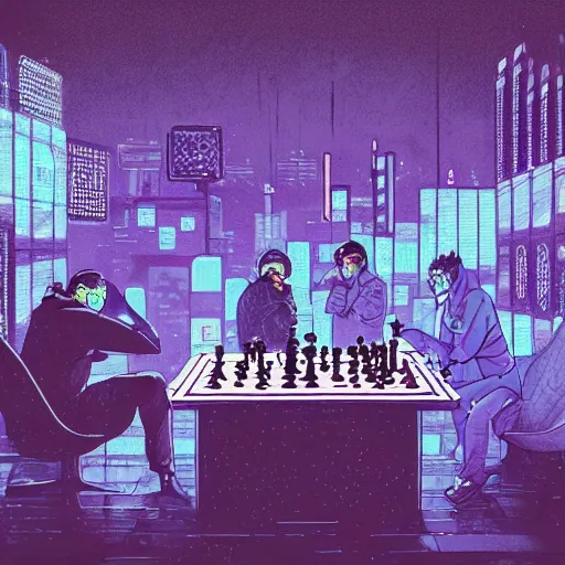 Cyber punk art of a chessboard in a city landscape