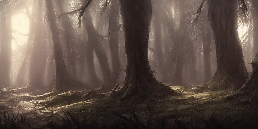 Image similar to mysterious forest, in the style of john howe and greg rutkowski, artstation