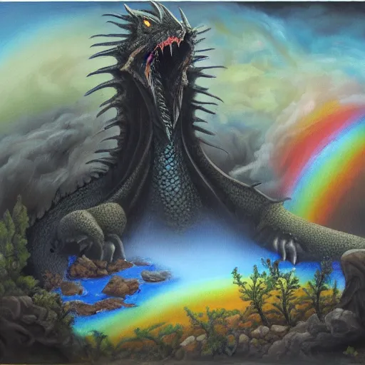 Prompt: highly detailed oil painting of a rainbow hotspring within dark grey cavern, black dragon sitting in the middle