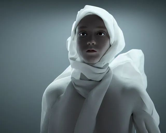 Prompt: a film still of a synthetic human wrapped in white cloth, in neotokyo, cinematic lighting, high resolution, 4 k