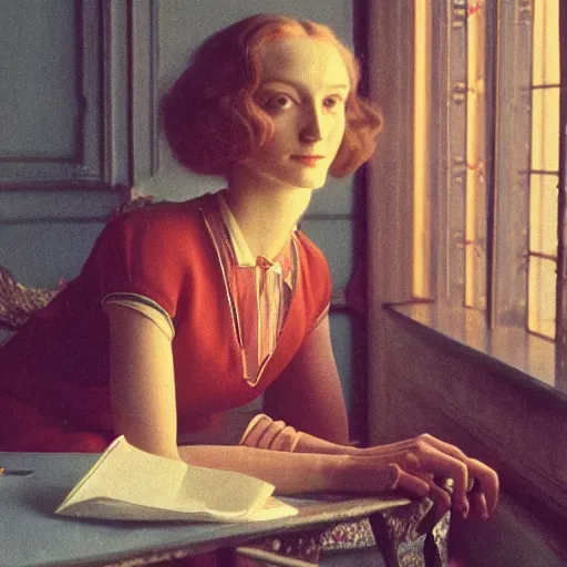 Prompt: a beautiful lady, film still by wes anderson, depicted by balthus, limited color palette, very intricate, art nouveau, highly detailed, lights by hopper, soft pastel colors, minimalist